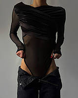 Жіноче чорне боді стрейч сітка з ефектом драпірування на грудях довгий рукав; розміри 40-44 one size