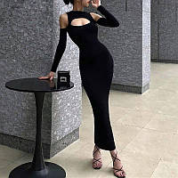 ВАУ! Женское стильное черное платье в длине миди с длинным рукавом с открытыми плечами; размер: 42-44, 44-46