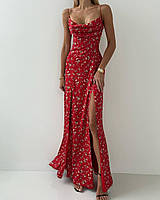 ШОК! Женское платье в длине макси с глубоким разрезом в цветочный принт (красный, черный); размер: 42-44,