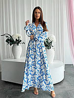 Женское платье макси, с цветочным принтом, голубое