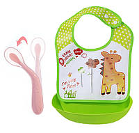 Набор Ложка силиконовая с удержанием формы изгиба для кормления ребенка Розовая и Слюнявчик П FT, код: 2460172