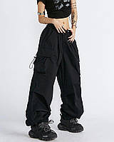 Женские широкие штаны карго с боковыми карманами с затяжками (черный, шоколадный); размер: 42-46