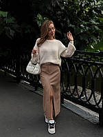 ШОК! Женская длинная кожаная юбка с коротким разрезом на высокой посадке (черный, бежевый) размер: 42-44,