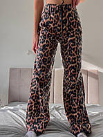Женские весенние прямые флисовые штаны на высокой посадке в леопардовый принт; размер: 42-44, 44-46