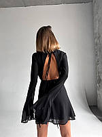 ШОК! Женское черное платье в длине мини с открытой спиной на завязке с длинным рукавом, креп шифон ткань