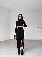 ШОК! Женский теплый костюм короткий топ под горло и юбка в длине миди (черный, мокко, оливковый); размер: