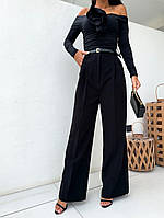 Черные женские классические свободные брюки-палаццо из костюмки на высокую посадку