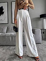 Белые женские классические свободные брюки-палаццо из костюмки на высокую посадку