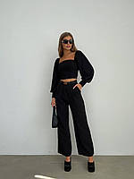 ШОК! Женские базовые черные брюки-палаццо га пуговице с карманами