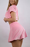 Женская велюровая пижамка футболка и шорты-юбка Розовый, XS-S