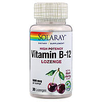 Витамин B12, 5000 мкг, вкус натуральной черной вишни, Solaray, 30 леденцов DL, код: 7331294