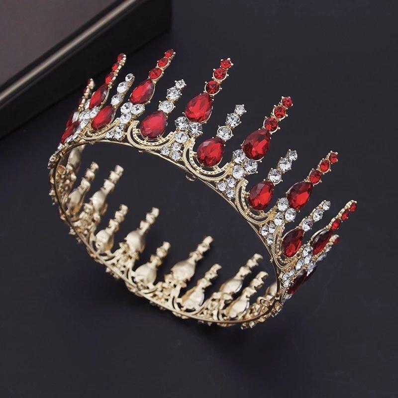 Корона з червоним камінням Swarovski Золото 13х7 см Золота корона на торт Діадема з червоними стразами, фото 1