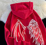 ШОК! Женский и мужской парные худи в стиле оверсайз с рожками на капюшоне (черный, красный); размер универсал