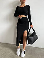 ШОК! Женский однотонный костюм двойка укороченый топ и длинная юбка с разрезом (черный, капучино); размер: