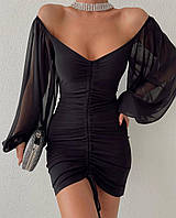 ШОК! Женское короткое черное платье с затяжкой по середине с длинными объемными рукавами из сетки; размер:
