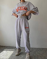 ШОК! Женский оверсайз костюм двойка футболка и джоггеры с надписью Michigan (графит, меланж); размер: 42-46