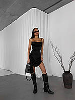 ШОК! Женское короткое шелковое платье на бретелях в длине мини (черный, изумрудный) размер: 42-44, 44-46