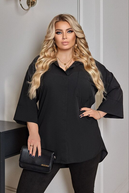 Блуза жіноча офісна чорна, легка на ґудзиках асиметрична великого розміру 50-64. 105484
