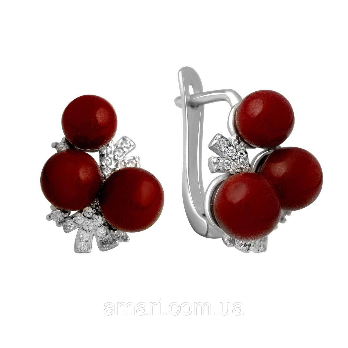 Срібні сережки Komilfo з коралом, фіанітами (2136347)