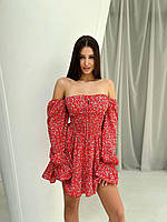 ШОК! Женское короткое платье со спущенными плечами в цветочный принт (красный, белый, черный); размер:42-44,
