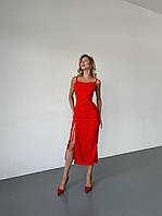 ШОК! Женское изысканное длинное черное платье на бретелях с разрезом (черный, красный); размер: 42-44, 44-46