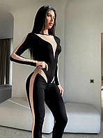 ШОК! Женский черный комбинезон с бежевыми вставками на молнии вискоза+сетка; размер: 42-44, 44-46
