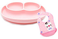 Набор силиконовая тарелка коврик для кормления ребенка 22х15 см и слюнявчик ПВХ со свинкой (v BB, код: 2641278
