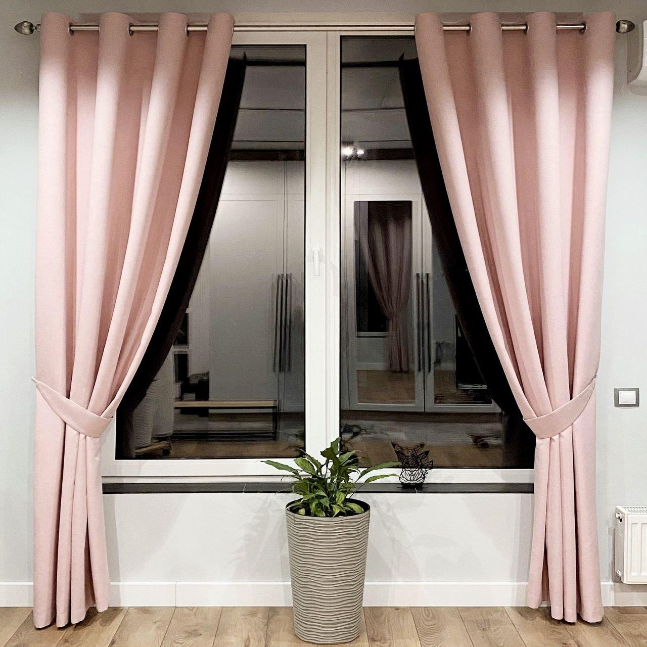 Комплект штори на сірих люверсах 2 шт з підхватами 140х250 см мікровелюр Світло-рожевий, фото 1