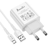 Сетевое зарядное устройство Avantis A820 (1USB 2.4A) + USB кабель Micro-белый EM, код: 8431286