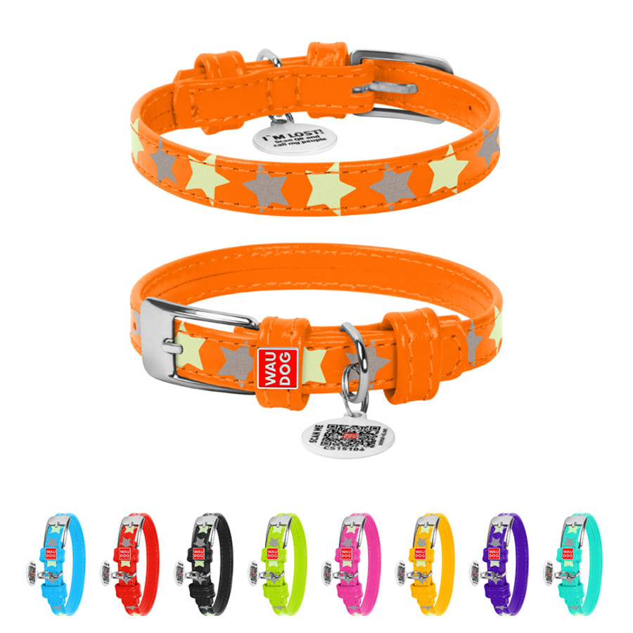 Нашийник для собак шкіряний WAUDOG Glamour з QR-паспортом, візерунок "Зірочка", світний/світловідбивний, Ш 12, фото 1