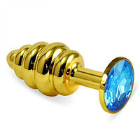 Ребриста анальна пробка з блакитним кристалом Lovetoy Rosebud Spiral Metal Plug 10 см Золото EV, код: 7545232