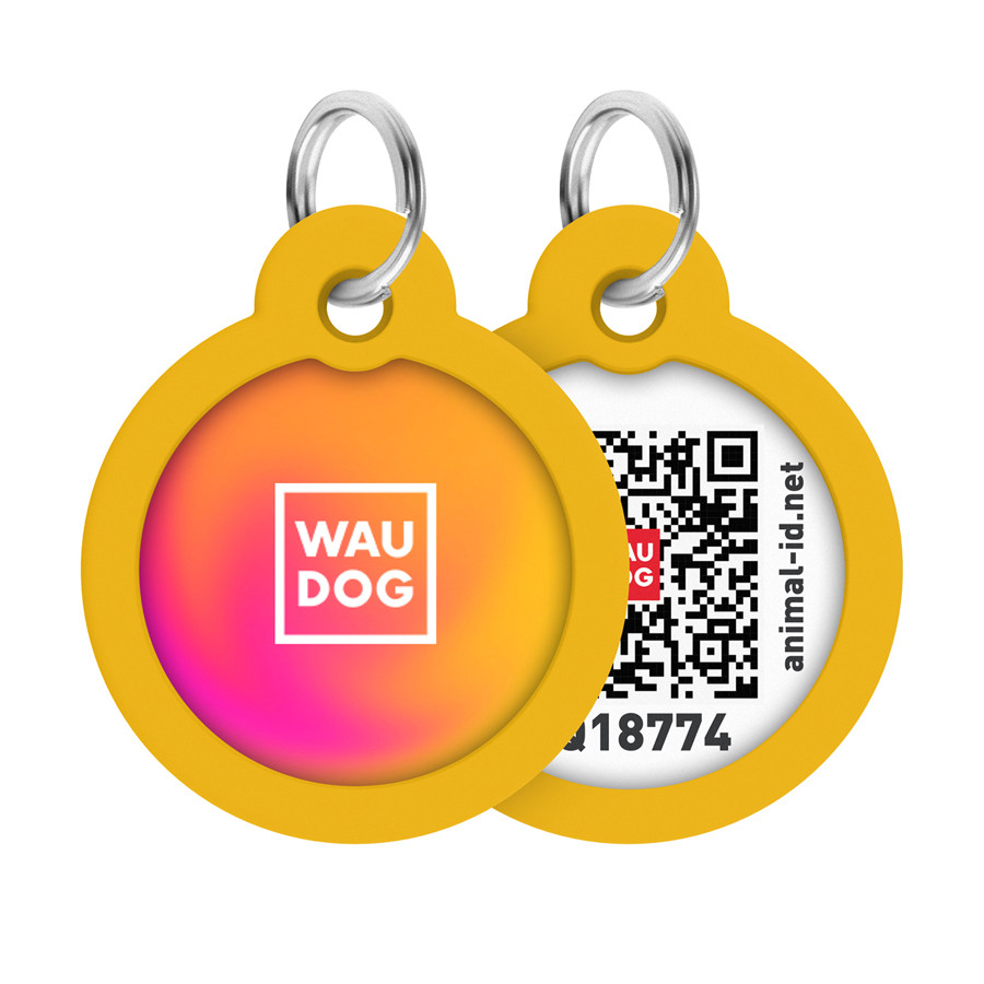 Адресник для собак і котів металевий WAUDOG Smart ID з QR-паспортом, малюнок "Градієнт жовтогарячий", круг, Д
