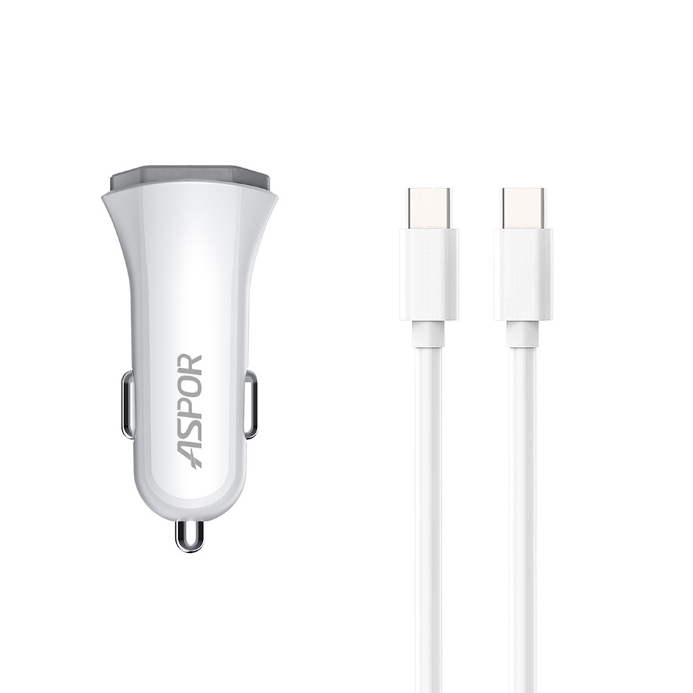 Автомобільний зарядний пристрій Aspor A906 PD (USB-C 3 A 20 W) + кабель Type-C — Type-C-білі SC, код: 8372452