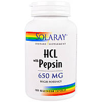 Бетаин HCL и Пеппсин, HCL with Pepsin, Solaray, 650 мг, 100 вегетарианских капсул CP, код: 7689670