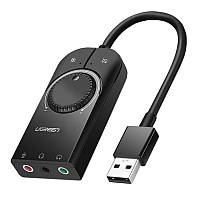 Внешняя звуковая карта Ugreen USB 2.0 c регулятором громкости CM129 (Черная, 1м) FS, код: 2157476