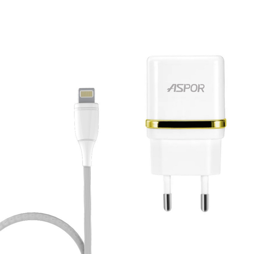 Мережевий зарядний пристрій Aspor A828 Eco 2USB 2.4 A + кабель USB — Lightning-білий SC, код: 8372449