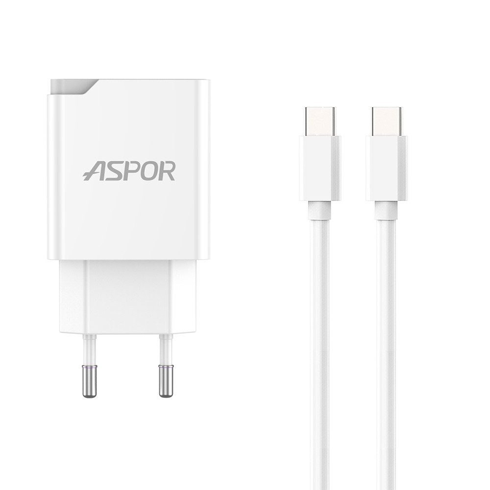 Мережевий зарядний пристрій Aspor A826 PD (20 W USB Type-C) + кабель Type-C — Type-C-білий SC, код: 8372432