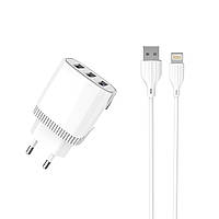 Мережевий зарядний пристрій Aspor A813 (3 USB 3.4 A) + USB-кабель Lightning-білий EV, код: 8372439