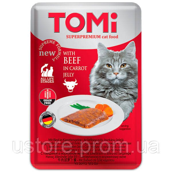 Вологий корм консерви для котів TOMi BEEF in carrot jelly яловичина в морквяному желе 100 г (40 US, код: 7772137