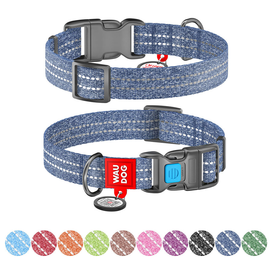 Нашийник для собак з відновленої бавовни WAUDOG Re-cotton з QR-паспортом, світловідбивний, пластиковий, фото 1
