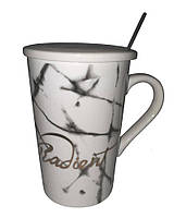 Чашка с крышкой керамическая с ложкой Radient белый мрамор 375 мл Olens O8030-81 PP, код: 8251118