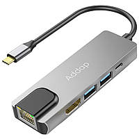 Мультифункциональный хаб разветвитель Addap MH-09s 5в1 2 x USB 3,0 + Type-C + HDMI + Ethern BF, код: 8366656