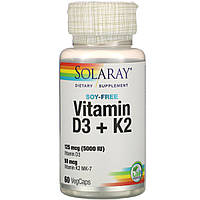 Витамин D3 + K2, Solaray, Soy-Free, 60 Вегетарианских Капсул TV, код: 7331279