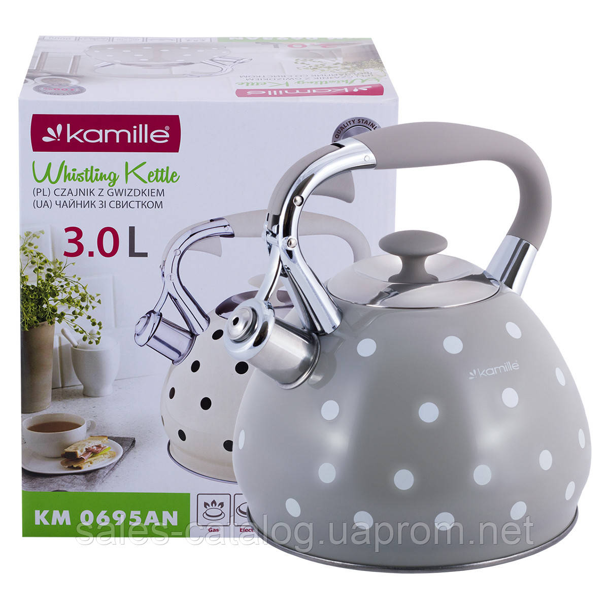 Кухонний чайник зі свистком і ручкою з неіржавкої сталі grey 3 л KL225947 Kamille SC, код: 8393916
