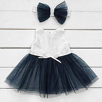 Комплект ясельный для праздников платье с фатином и повязка Malena 62 см Белый темно-синий (1 TV, код: 8380567