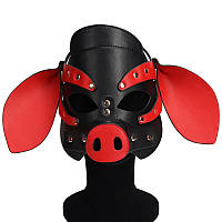 Бдсм маска голова міні Leather Pig Mask Black and Red Bdsm4u SP, код: 8370766