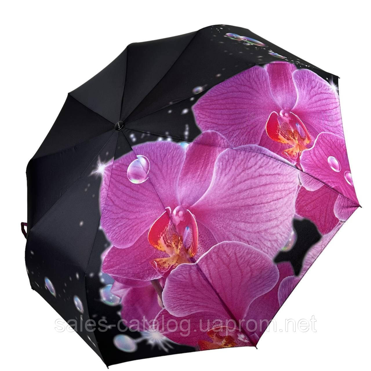 Жіноча парасолька-автомат на 9 спиць від Flagman чорна з рожевою квіткою N0153-10 SC, код: 8027200