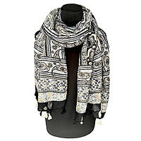 Женский шарф с кисточками серо-черный вискозный легкий, 180*90см