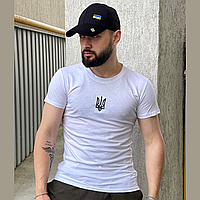 Мужская патриотическая футболка с принтом Трезубец с вышивкой классическая с украинской символикой белая