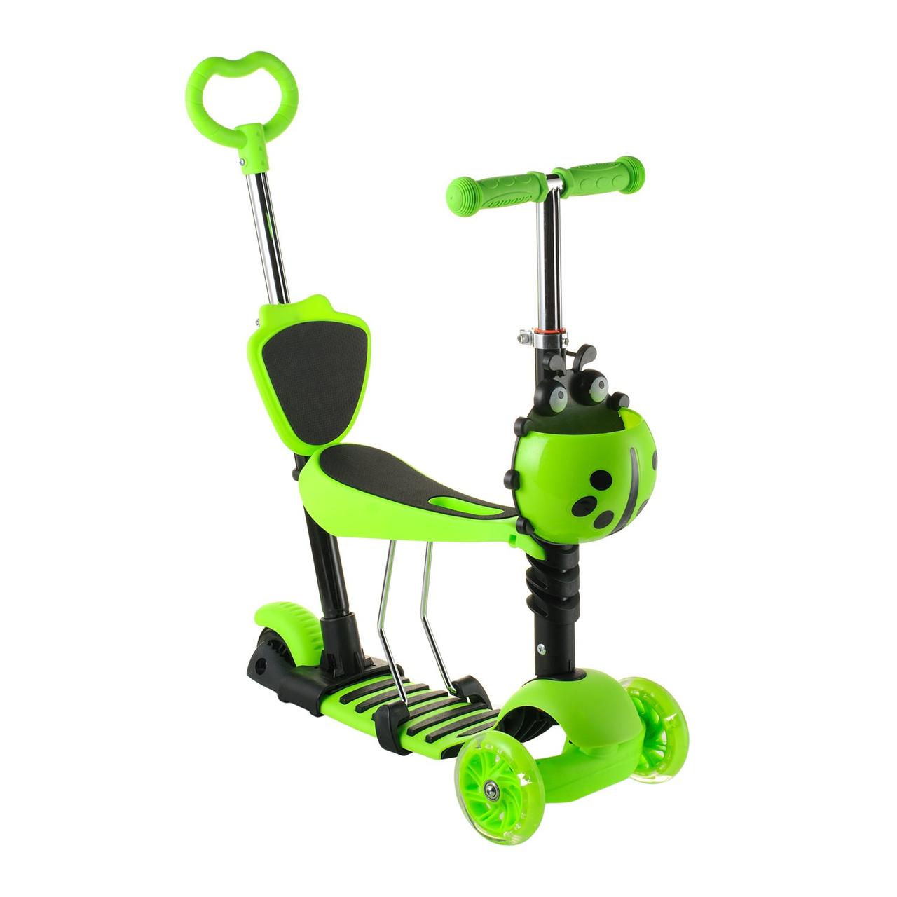 Триколісний дитячий самокат Scooter 5 в 1 Зелений з сидінням, батьківською ручкою та кошиком 1+